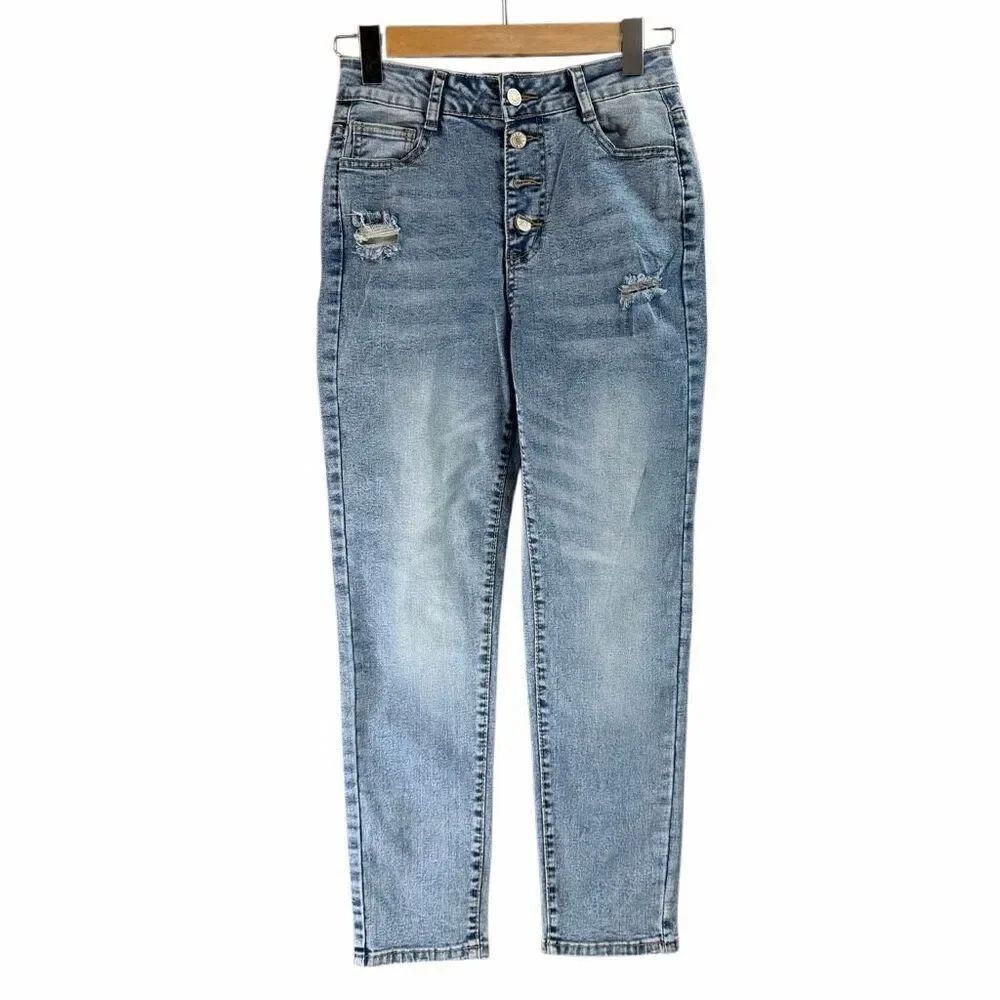 Women’s Distressed Button Front Jeans Straight Leg Blue Size Small